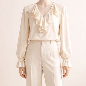 Vintage 70s Gloria Vanderbilt GV Silk Cream Off-White Ruffle Neck Blouse